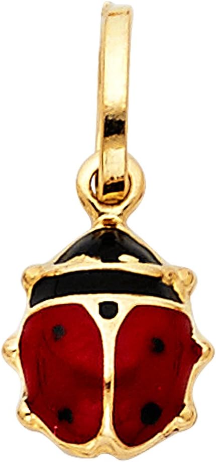 Ioka 14K Yellow Gold Lady Bug Colored Enamel Lucky Charm Pendant with 0.6mm Box Chain Necklace