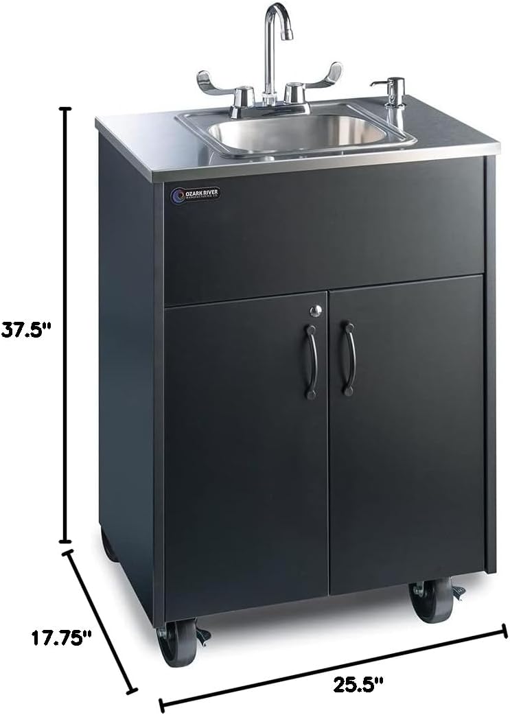 Ozark River Portable Sinks Premier S1, Black Laminate-Stainless Countertop & Basin, Self Contained Sink, Hand Washing Station, Portable Sink with Hot Water, Portable Sink Hand Wash Station