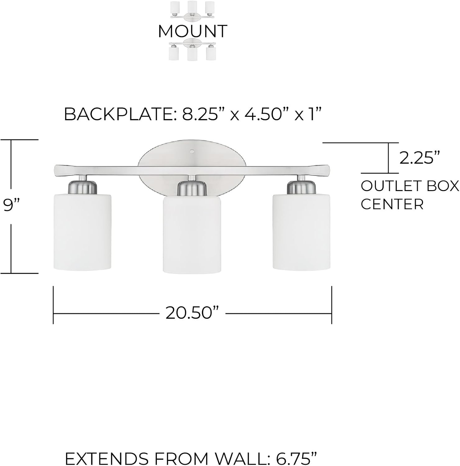 HomePlace Lighting 115231BN-338 Dixon Modern Soft White Glass Bathroom Vanity Wall Light, 3-Light 300 Total Watts, 9' H x 21' W, Brushed Nickel
