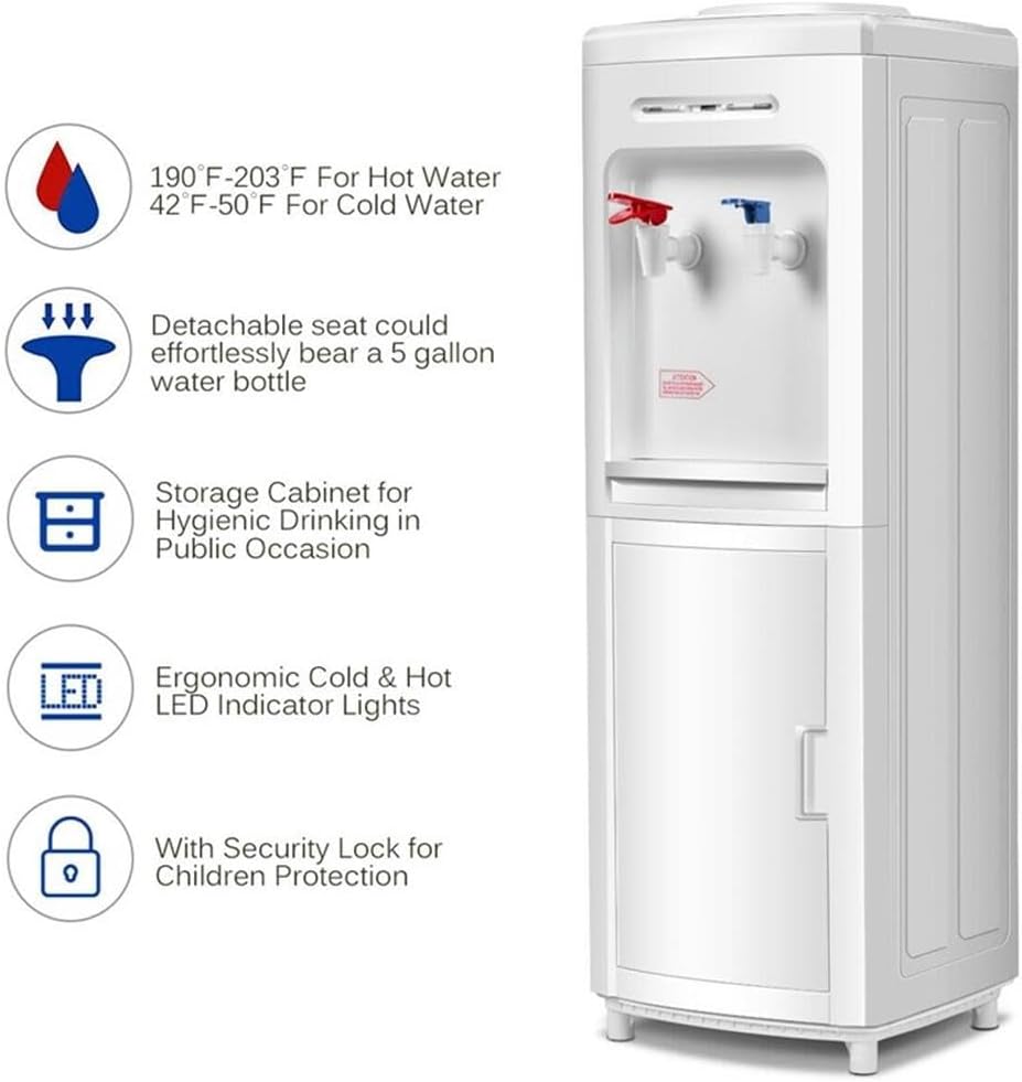 Pemberly Row Electric Water Dispenser, 5 Gallon Bottle Capacity, White Plastic, 11.8'x11.0'x31.5', Child Safety Lock, LED Indicator, Storage Cabinet, Top Load Design for Home or Office Use