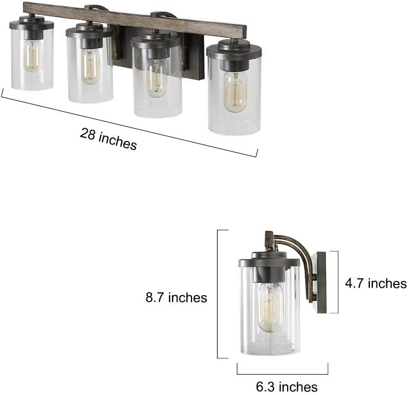 LALUZ Bathroom Vanity Light Fixtures, Farmhouse Vanity Lighting with Clear Glass Shades, Faux Wood, 4-Light, 28'' L x 6.3'' W x 8.7'' H