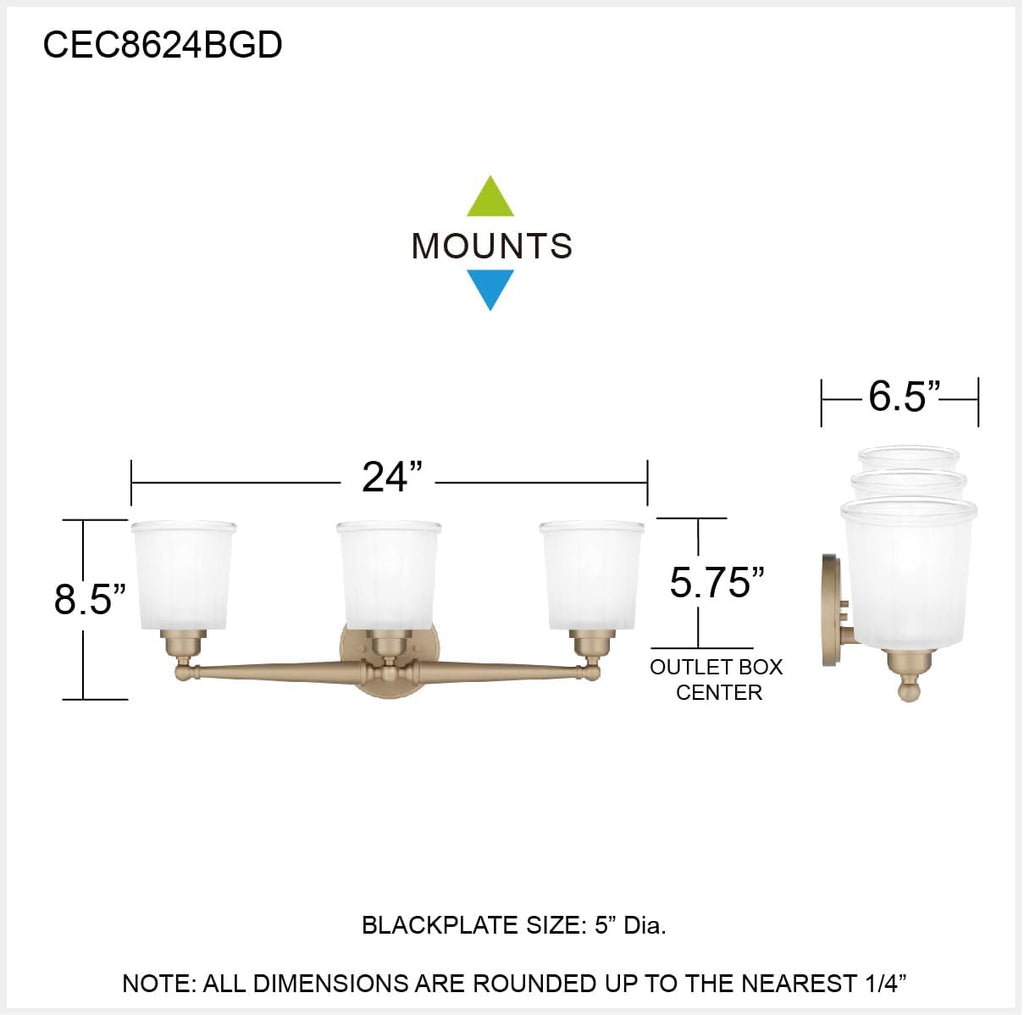 Quoizel Cecilia Bath Vanity Lights, 24 Inch 3-Light Bronze Gold Bathroom Lighting Fixtures Over Mirror, Sandblasted Ribbed Glass Shades, Wall Mount Light for Bathrooms