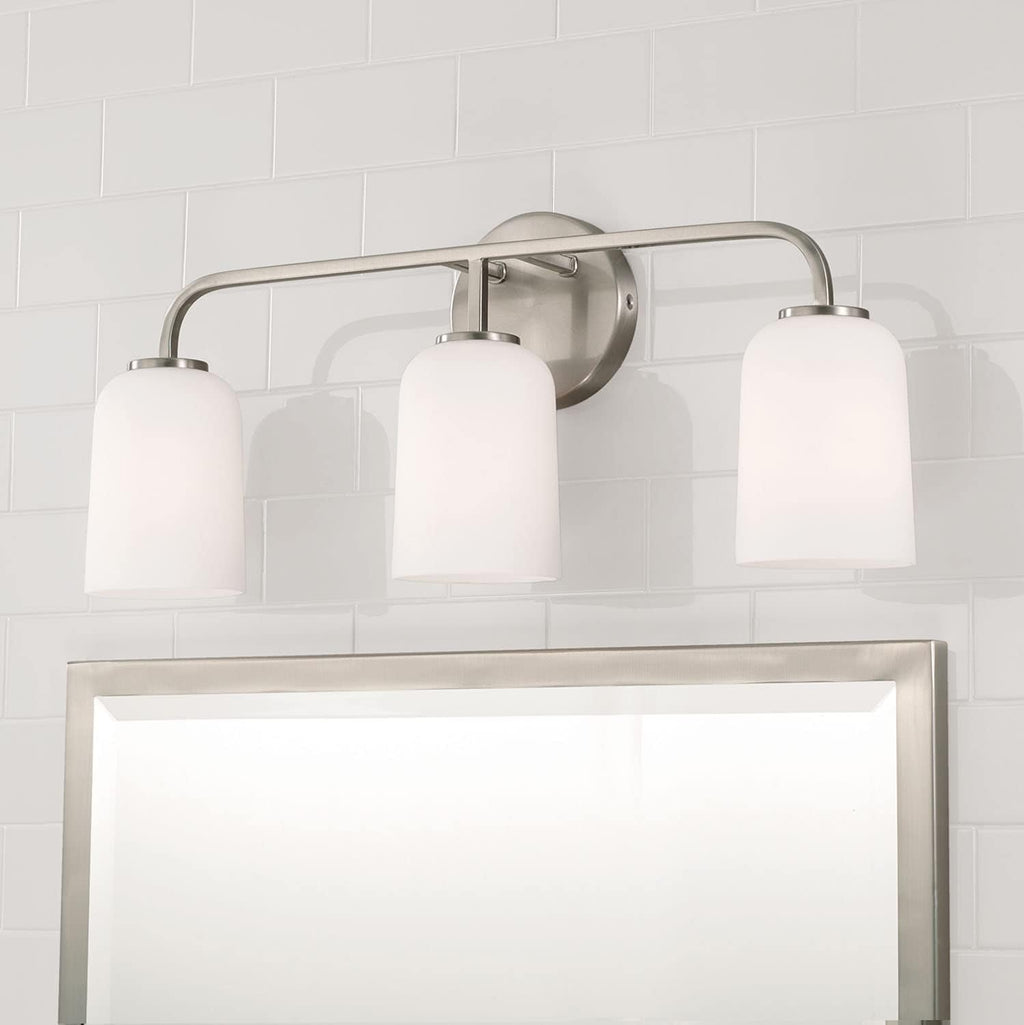 HomePlace by Capital Lighting 148831BN-542 Lawson Transitional Soft White Glass Bell Vanity Light for Bathroom, 3-Light 300 Total Watts, 10' H x 24' W, Brushed/Satin Nickel