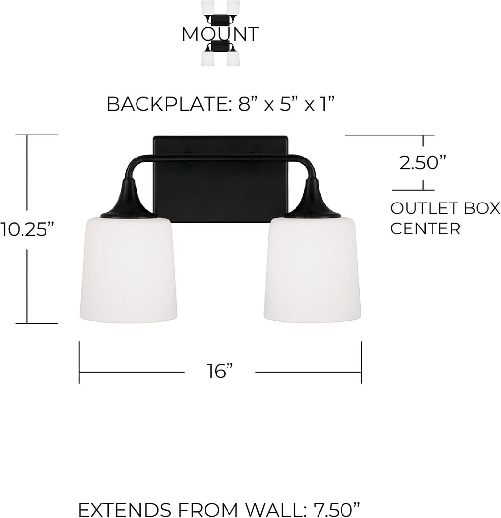 HomePlace Lighting 148921MB-541 Presley Transitional Rustic Soft White Glass Cone Vanity Light for Bathroom, 2-Light 200 Total Watts, 10' H x 16' W, Black