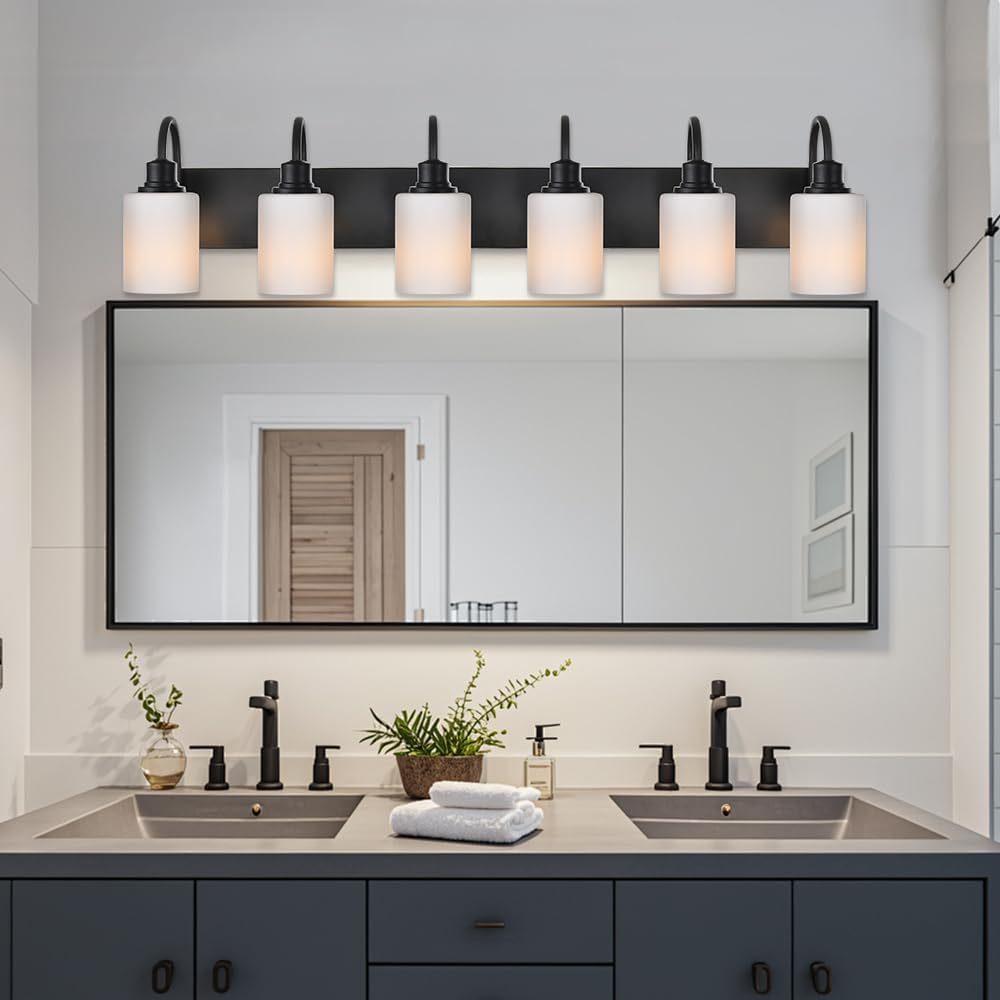 6 Light Wall Lighting Fixture in Matte Black Finish,Classic Bathroom Vanity Light with Opal White Glass Shade Modern Wall Lamp Sconces for Hallway Makeup Table