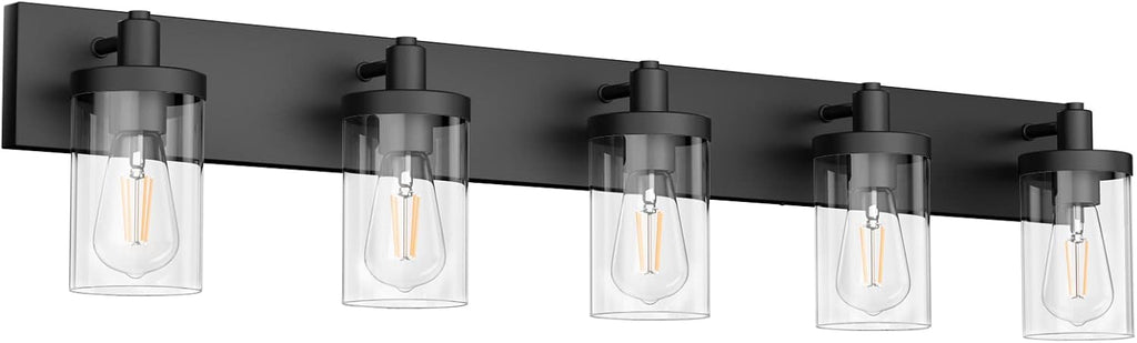 Aipsun Matte Black Bathroom Vanity Light Fixtures 5 Lights Industrial Lighting Fixtures Over Mirror with Clear Glass Shade(Exclude Bulb)