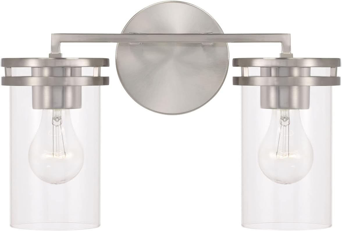 HomePlace by Capital Lighting 148721BN-539 Fuller Transitional Clear Glass Cylinder Vanity Light for Bathroom, 2-Light 200 Total Watts, 10' H x 14' W, Brushed/Satin Nickel