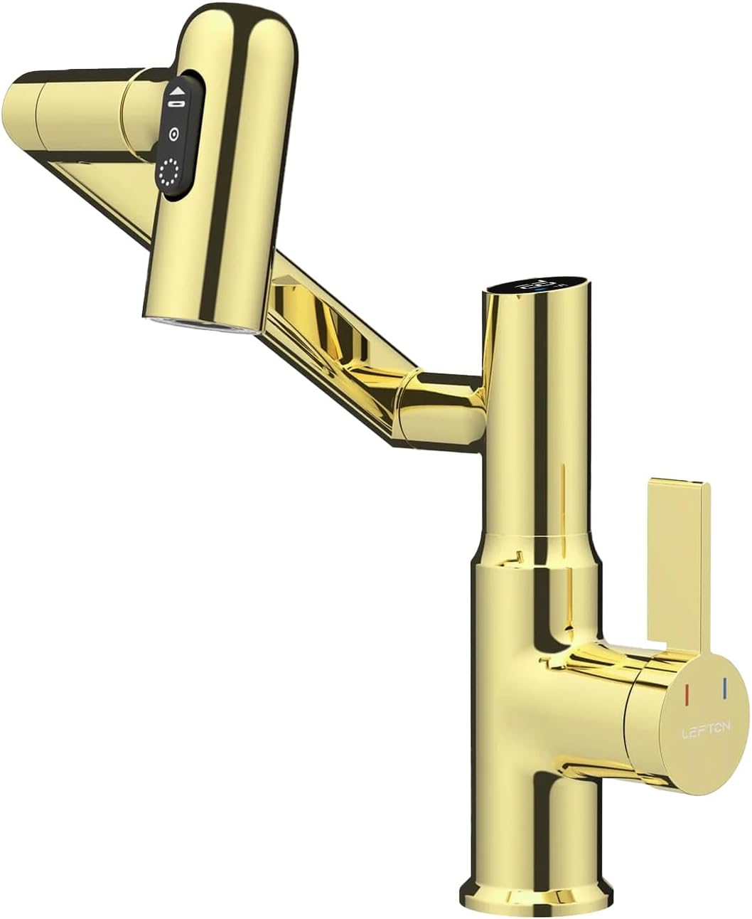 Lefton Rotatable Bathroom Faucet with Temperature Display in Fahrenheit (Batteries-Free), 3 Water Outlet Modes, Polished Gold, BF2204-5