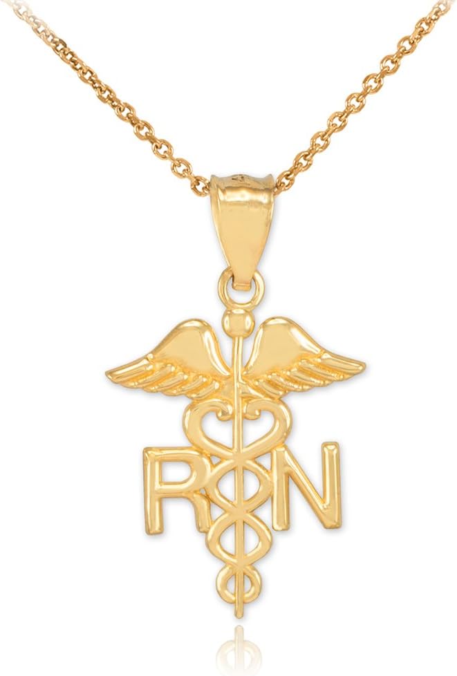 American Heroes Polished 14k Yellow Gold Caduceus RN Charm Registered Nurse Pendant Necklace