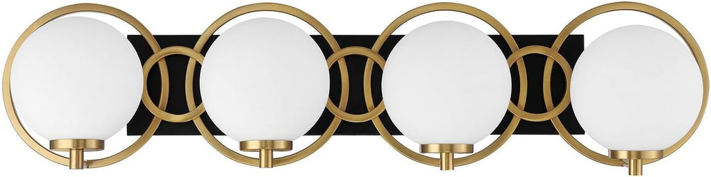 Savoy House 8-6180-4-143 Alhambra Art Deco Style Soft Frosted Glass Orb Bathroom Vanity Light, 4-Light 240 Total Watts, 8'' H x 33'' W, Matte Black & Warm Brass