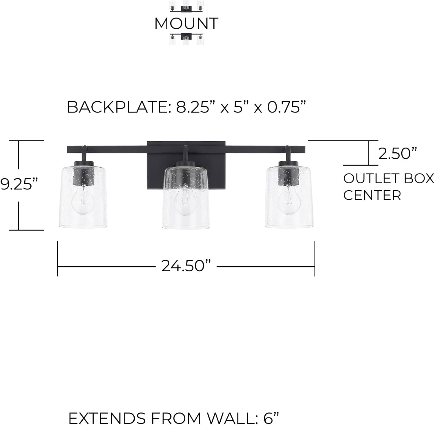 HomePlace Lighting 128531MB-449 Greyson Urban/Industrial Clear Seeded Glass Bathroom Vanity Wall Light, 3-Light 300 Total Watts, 9' H x 25' W, Matte Black