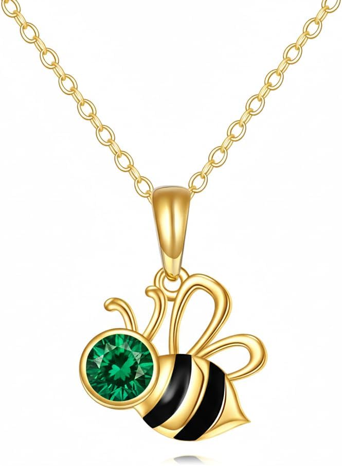 DOVRAN Real Solid Gold Birthstone Butterfly/Dragonfly/Bee/Hummingbird Necklace for Women Yellow Gold Animal Pendant for Christmas Dainty Jewelry Birthday Gifts for Mom Wife