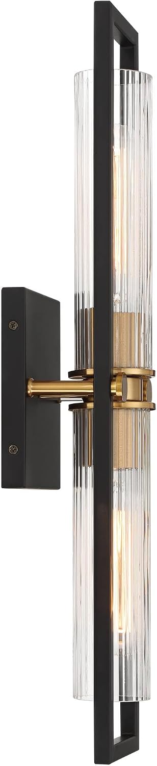 Stiffel Ramos 24' High Modern Art Deco 2 Light Wall Sconce Light Lamp Fixture Mount Bathroom Bedroom Bedside Living Room Hardwired Cordless Matte Black Antique Brass Glass Shade Indoor Kitchen