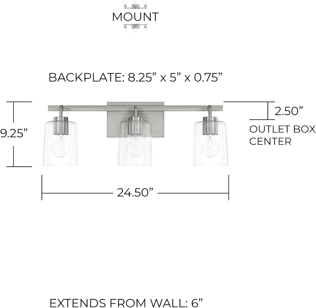 HomePlace Lighting 128531BN-449 Greyson Urban/Industrial Clear Seeded Glass Bathroom Vanity Wall Light, 3-Light 300 Total Watts, 9' H x 25' W, Brushed Nickel