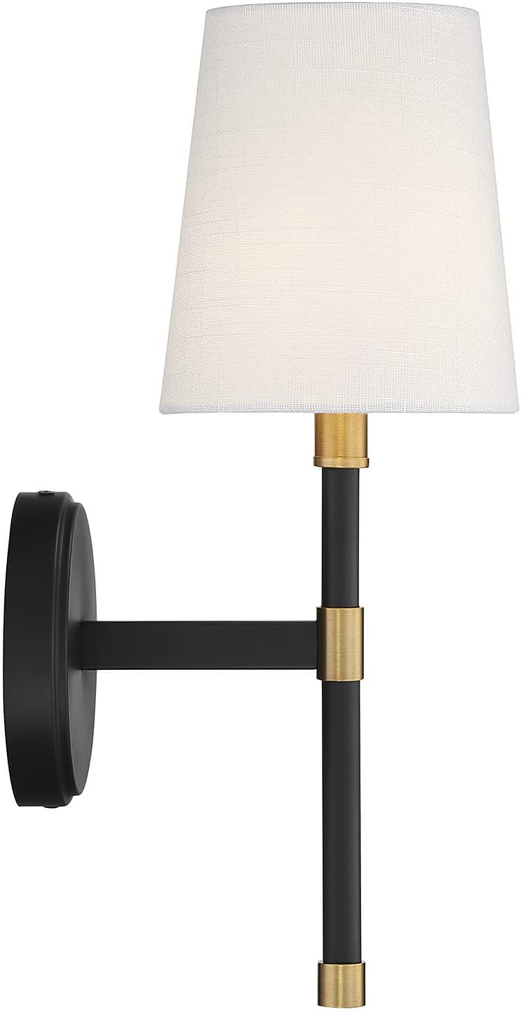 Savoy Essentials 9-1632-1-143 Brody Traditional White Fabric Wall Sconce, 1-Light 60 Watt, 16' H x 6' W, Matte Black with Warm Brass Accents