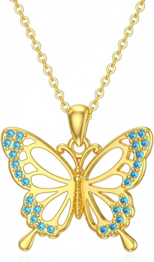 DOVRAN Real Solid Gold Birthstone Butterfly/Dragonfly/Bee/Hummingbird Necklace for Women Yellow Gold Animal Pendant for Christmas Dainty Jewelry Birthday Gifts for Mom Wife