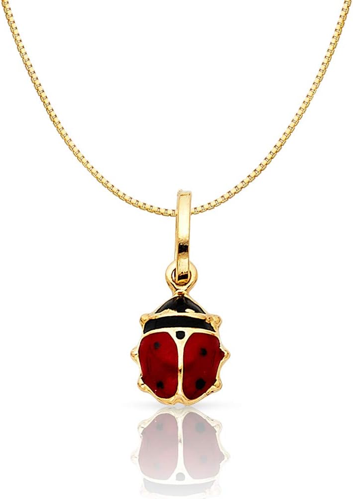 Ioka 14K Yellow Gold Lady Bug Colored Enamel Lucky Charm Pendant with 0.6mm Box Chain Necklace