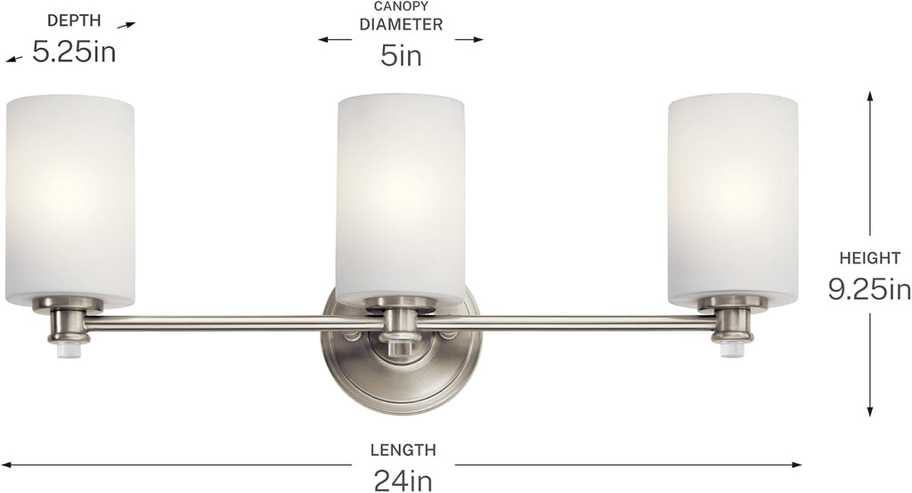 Kichler Joelson 24' 3 Light Vanity Light with Satin Etched Cased Opal and Clear Glass Accent Glass in Brushed Nickel
