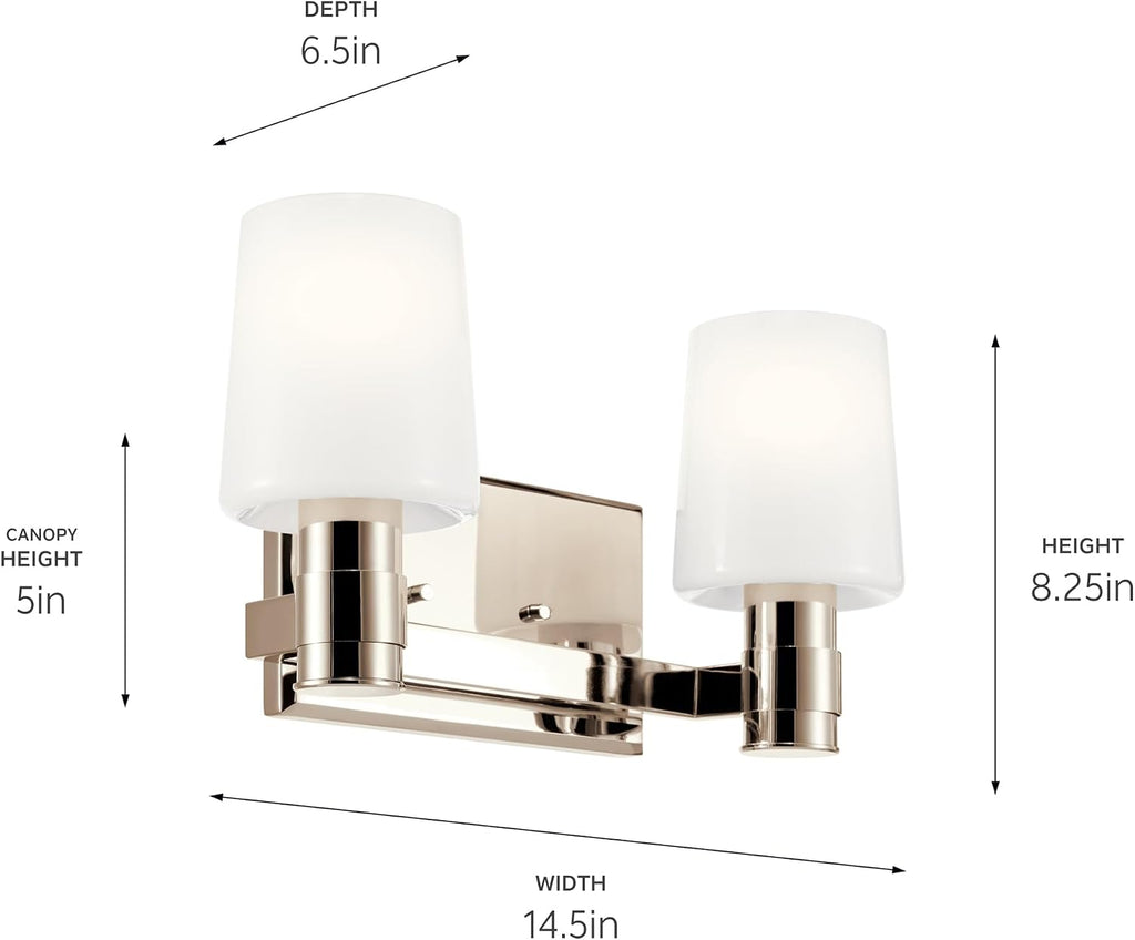 Kichler Adani 2-Light Bathroom Vanity Light Fixture, Modern Wall Mount Light with Opal Glass in Polished Nickel for Powder Room or Mirror Lighting (8.25' x 14.5'), 55175PN