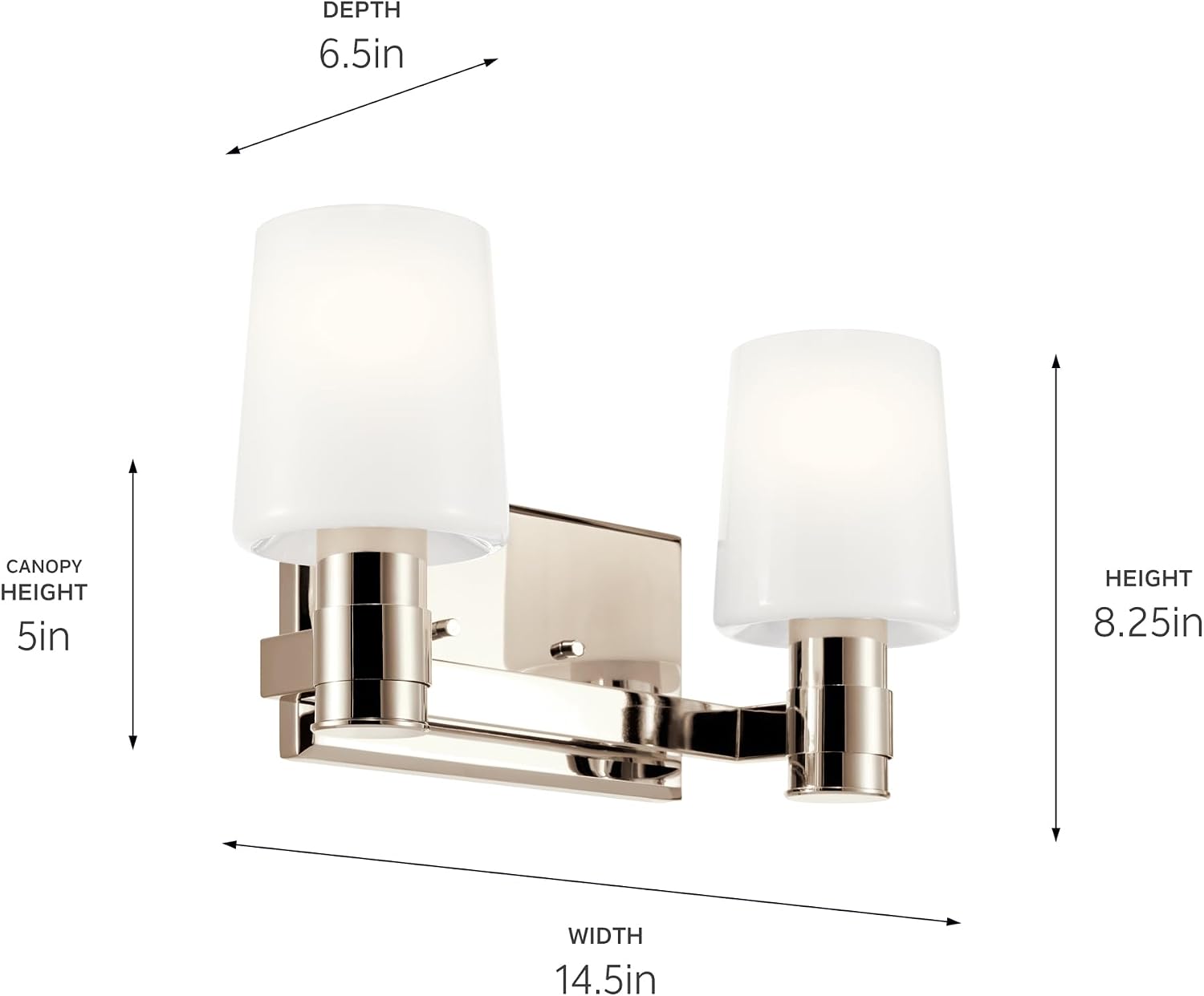 Kichler Adani 2-Light Bathroom Vanity Light Fixture, Modern Wall Mount Light with Opal Glass in Polished Nickel for Powder Room or Mirror Lighting (8.25' x 14.5'), 55175PN