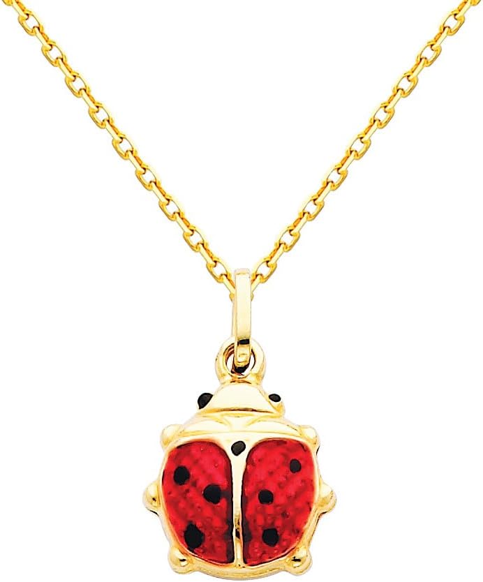 The World Jewelry Center 14k Yellow Gold Lady Bug Enamel Pendant with 1.2mm Cable Chain Necklace