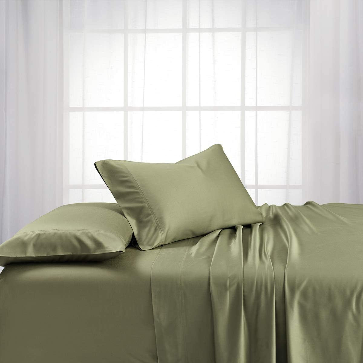 Solid 600-Thread-Count, Viscose Derived from Bamboo, Super Soft and Cool Bed Sheets Set (Twin Extra Long-XL, Sage)