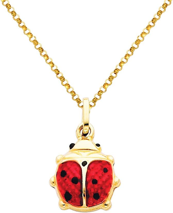 The World Jewelry Center 14k Yellow Gold Lady Bug Enamel Pendant with 1.2mm Cable Chain Necklace