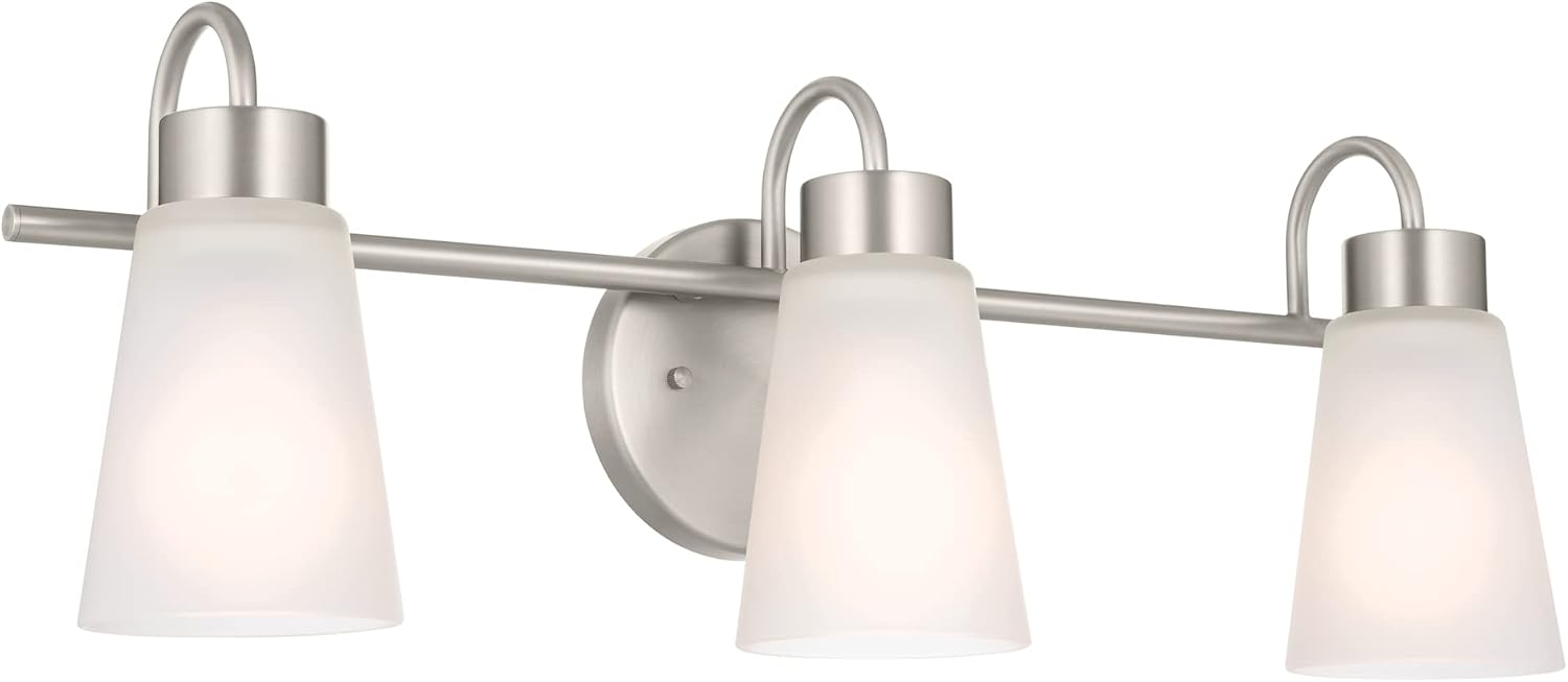 Kichler Erma 3-Light Bathroom Vanity Light Fixture with Satin Etched Glass Shades, Updated Traditional Wall Lighting in Brushed Nickel for Mirror, (23' x 8.5' x 6'), 55126NI