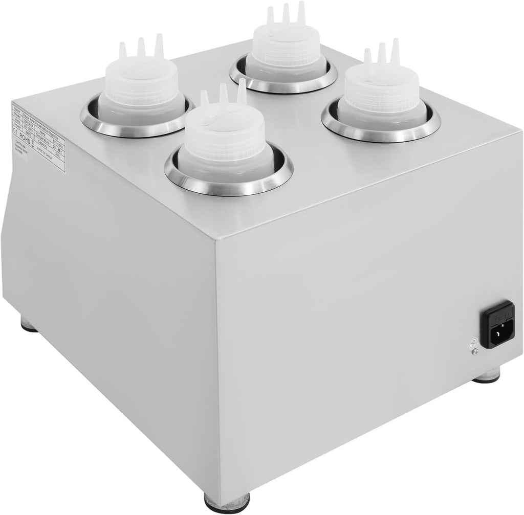 Electric Sauce Warmer Dispenser, 4 Grids Countertop Stainless Steel Sauce Heat Preservation Machine Hot Fudge Bottle Warmer Nacho Cheese Warmer Dispenser 86-185 ℉ 640W
