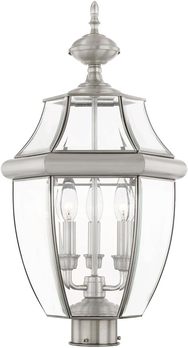 Livex Lighting 2354-91 Monterey 3 Light Outdoor Brushed Nickel Finish Solid Brass Post Head with Clear Beveled Glass