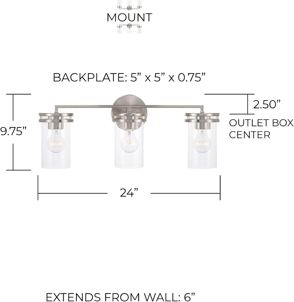 HomePlace by Capital Lighting 148731BN-539 Fuller Transitional Clear Glass Cylinder Vanity Light for Bathroom, 3-Light 300 Total Watts, 10' H x 24' W, Brushed/Satin Nickel