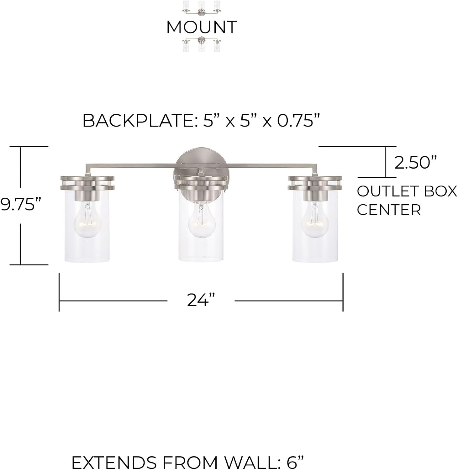 HomePlace by Capital Lighting 148731BN-539 Fuller Transitional Clear Glass Cylinder Vanity Light for Bathroom, 3-Light 300 Total Watts, 10' H x 24' W, Brushed/Satin Nickel