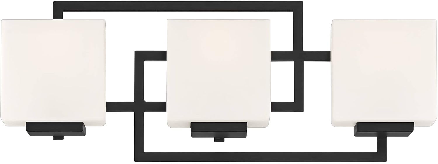 Possini Euro Design Lighting on the Square Modern Wall Mount Light Matte Black Aluminum Hardwired 21' 3-Light Fixture Opal Glass Shade for Bathroom Vanity Mirror House Living Room Home Hallway