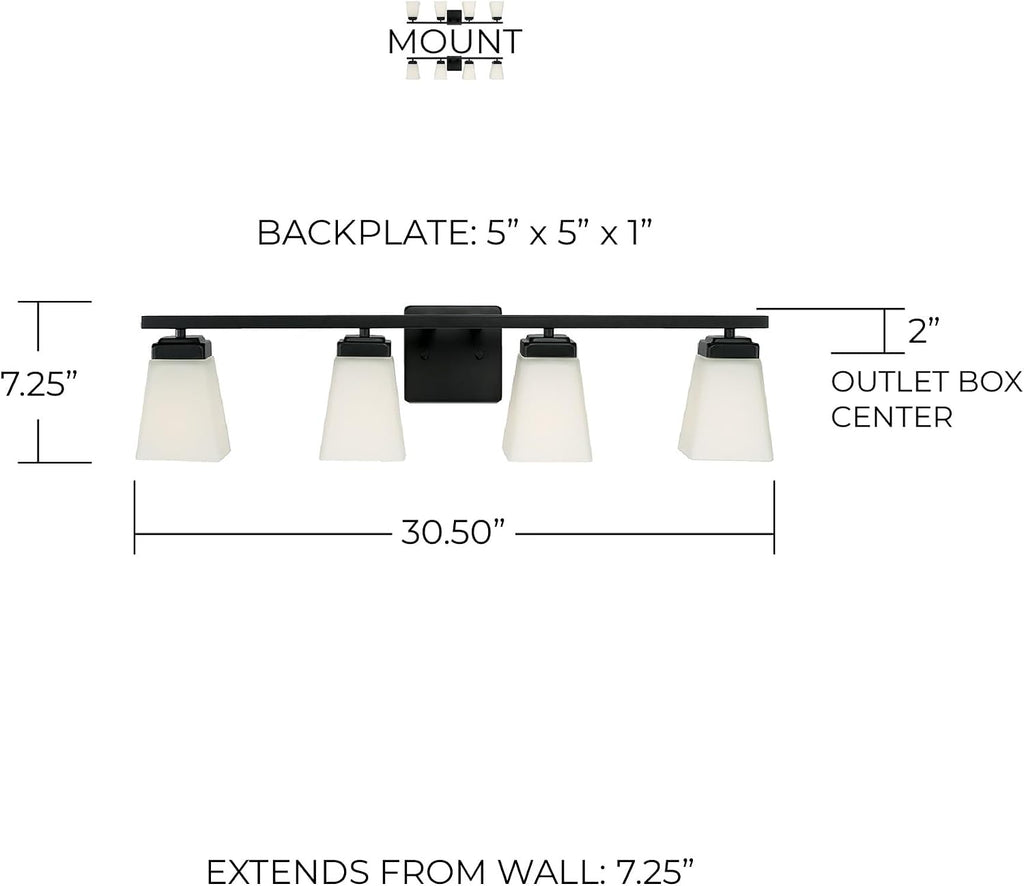 HomePlace Lighting 114441MB-334 Baxley Modern Soft White Glass Bathroom Vanity Wall Light, 4-Light 400 Total Watts, 7' H x 31' W, Matte Black