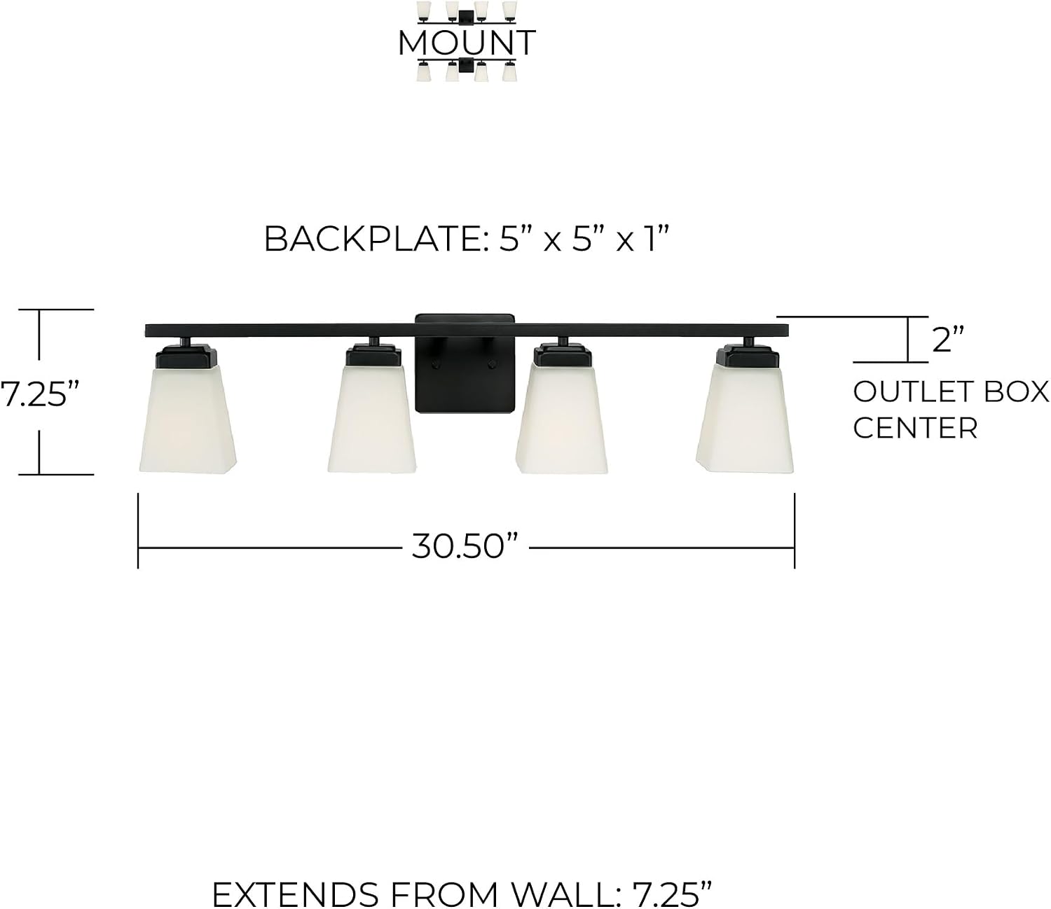 HomePlace Lighting 114441MB-334 Baxley Modern Soft White Glass Bathroom Vanity Wall Light, 4-Light 400 Total Watts, 7' H x 31' W, Matte Black