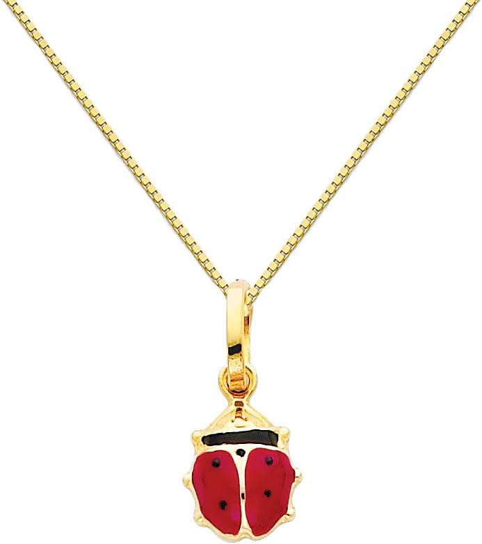 The World Jewelry Center 14k Yellow Gold Lady Bug Enamel Pendant with 0.65mm Box Link Chain Necklace