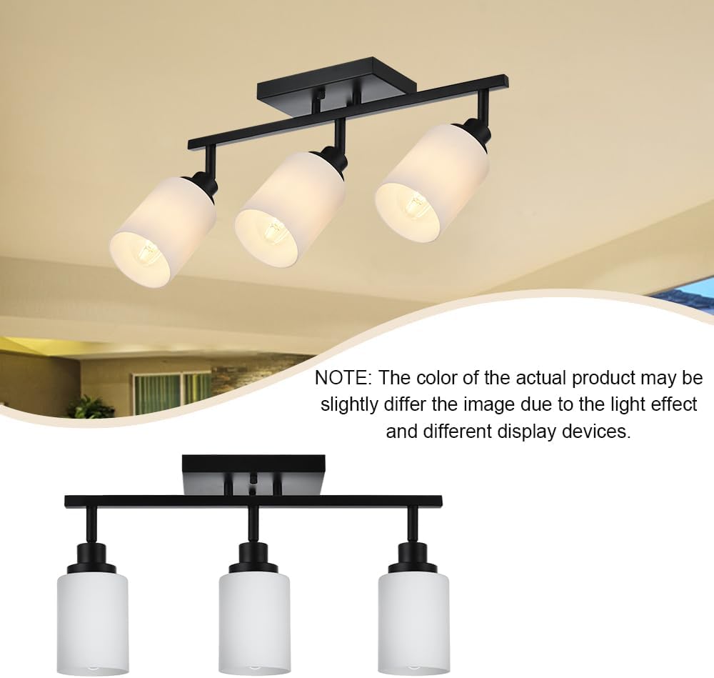 TODOLUZ 3-Lights Track Lighting Kit, Black Directional Ceiling Light Fixtures with Opal White Glass, Wall Mounted Spotlight for Kitchen Hallway