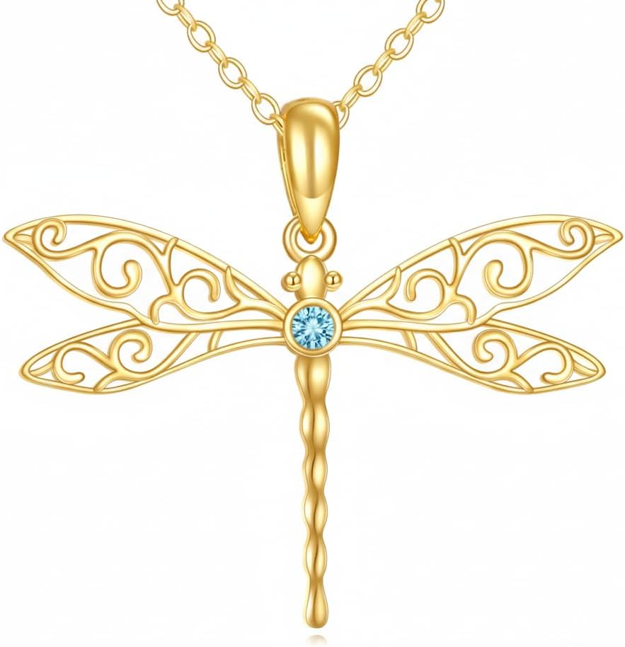 DOVRAN Real Solid Gold Birthstone Butterfly/Dragonfly/Bee/Hummingbird Necklace for Women Yellow Gold Animal Pendant for Christmas Dainty Jewelry Birthday Gifts for Mom Wife