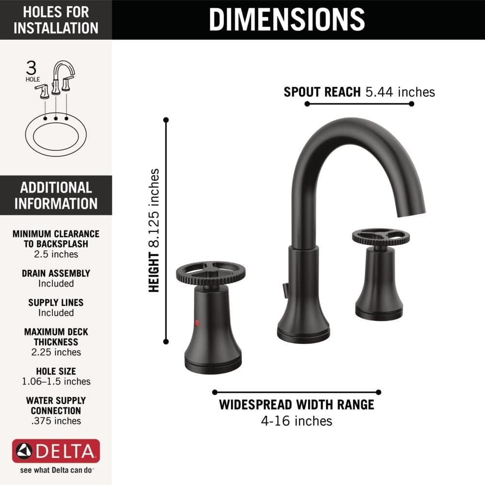 Delta Faucet Trinsic Widespread Bathroom Faucet 3 Hole, Matte Black Bathroom Faucet, Diamond Seal Technology, Metal Drain Assembly, Matte Black 3558-BLMPU-DST