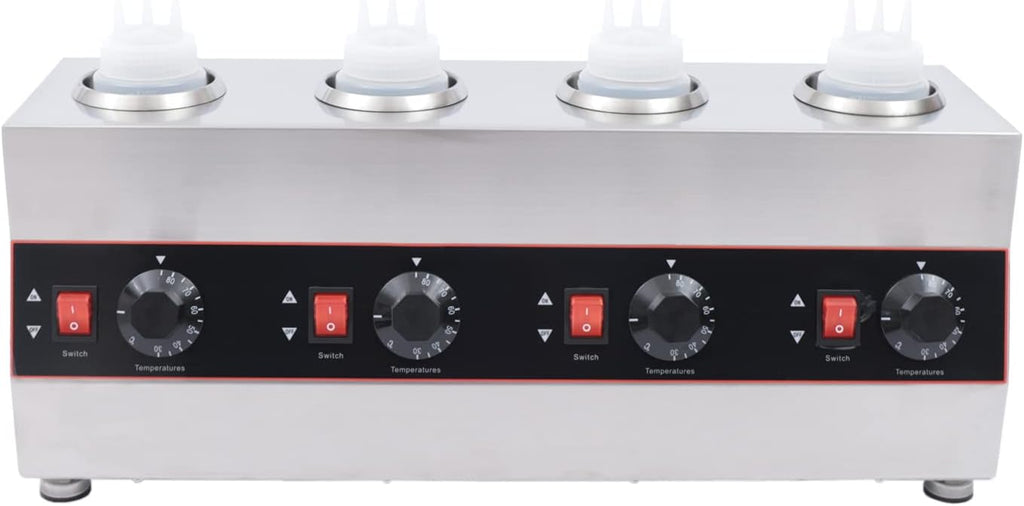 Electric Sauce Warmer Dispenser, 640W Countertop Stainless Steel Jam Heat Preservation Machine with 4x650ml Squeeze Bottle, Commercial Hot Fudge Dispenser Warmer for Nacho Cheese Ketchup (4 Bottle)