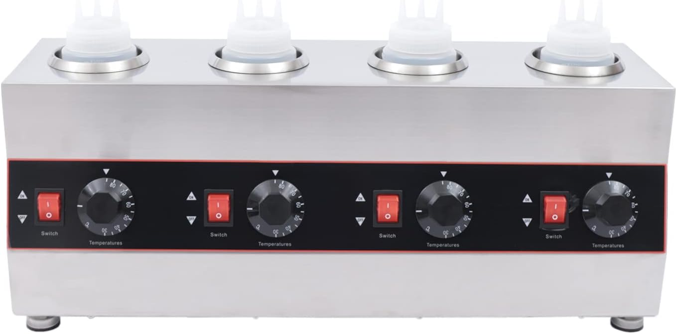 Electric Sauce Warmer Dispenser, 640W Countertop Stainless Steel Jam Heat Preservation Machine with 4x650ml Squeeze Bottle, Commercial Hot Fudge Dispenser Warmer for Nacho Cheese Ketchup (4 Bottle)