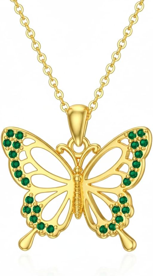 DOVRAN Real Solid Gold Birthstone Butterfly/Dragonfly/Bee/Hummingbird Necklace for Women Yellow Gold Animal Pendant for Christmas Dainty Jewelry Birthday Gifts for Mom Wife