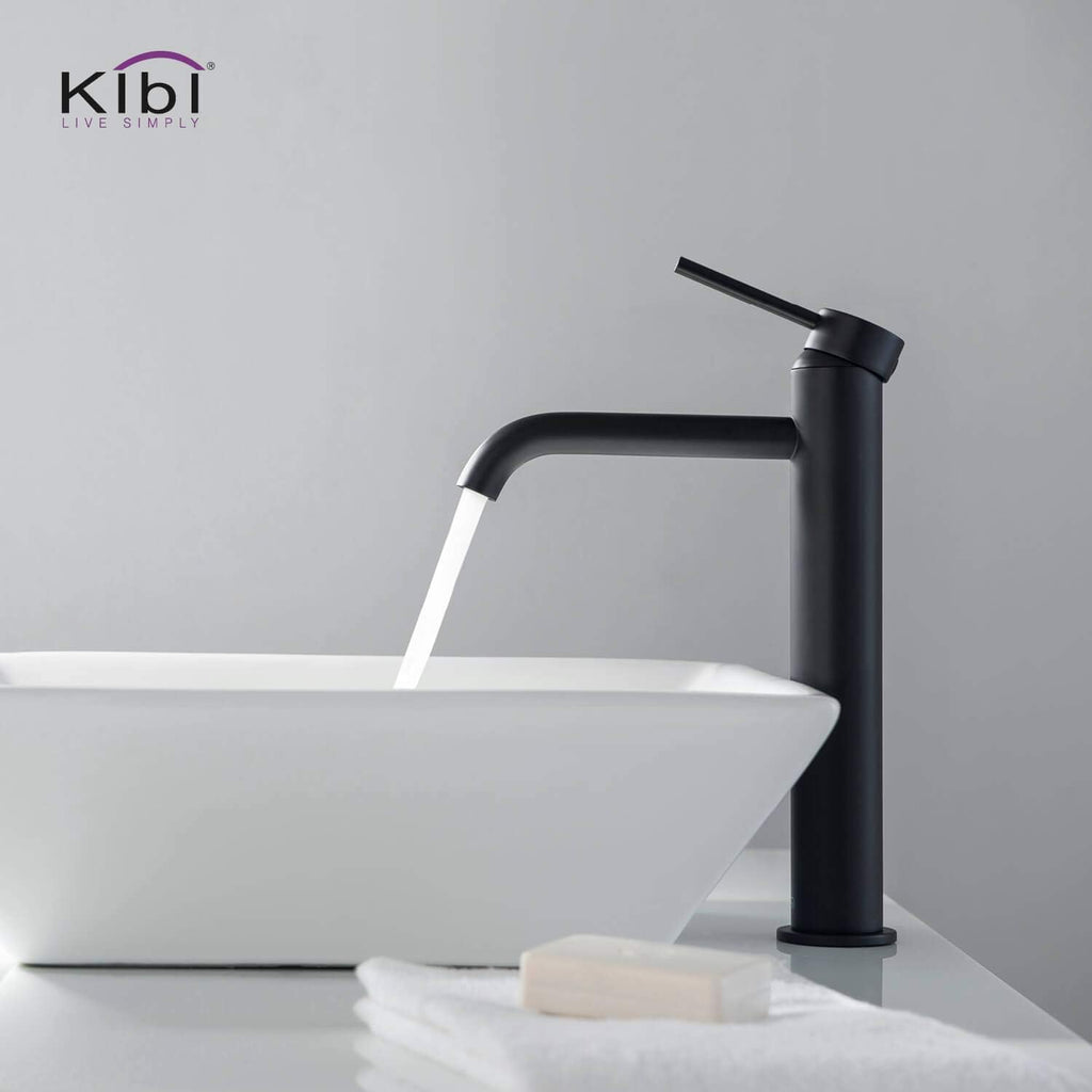 KIBI Bathroom Vessel Sink Faucet, Solid Brass Single Handle Single Hole Bathroom Faucet, High Arc Modern Vanity Faucet with Pop Up Drain, Matte Black, Rust & Corrosion Resistant