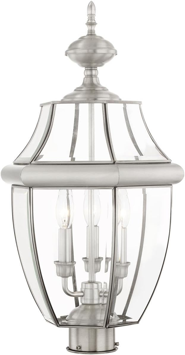 Livex Lighting 2354-91 Monterey 3 Light Outdoor Brushed Nickel Finish Solid Brass Post Head with Clear Beveled Glass