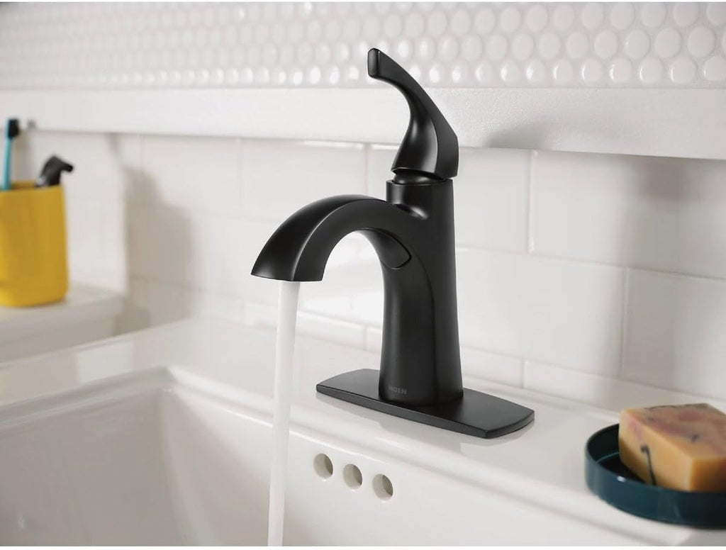 Moen Lindor 84505BL Matte Black 1-Handle Single Hole Bathroom Sink Faucet with Drain and Deck Plate