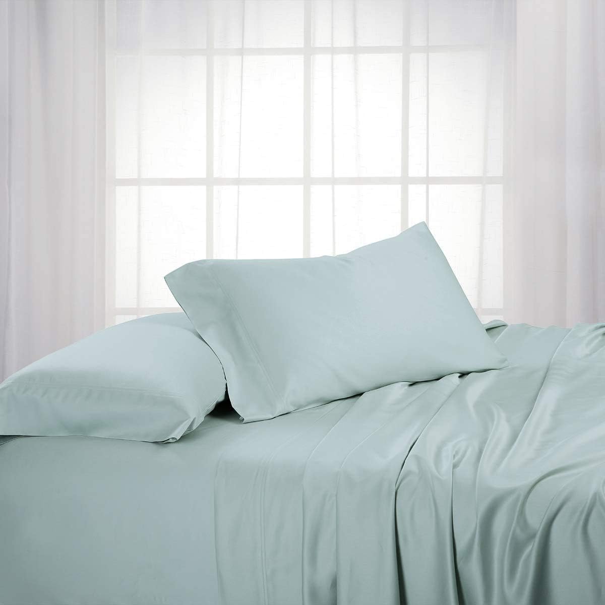 Solid 600-Thread-Count, Viscose Derived from Bamboo, Super Soft and Cool Bed Sheets Set (Twin Extra Long-XL, Sea)