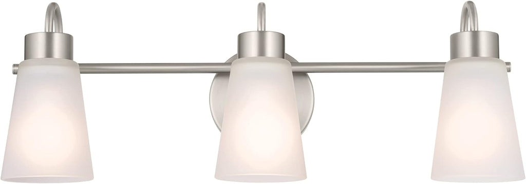 Kichler Erma 3-Light Bathroom Vanity Light Fixture with Satin Etched Glass Shades, Updated Traditional Wall Lighting in Brushed Nickel for Mirror, (23' x 8.5' x 6'), 55126NI