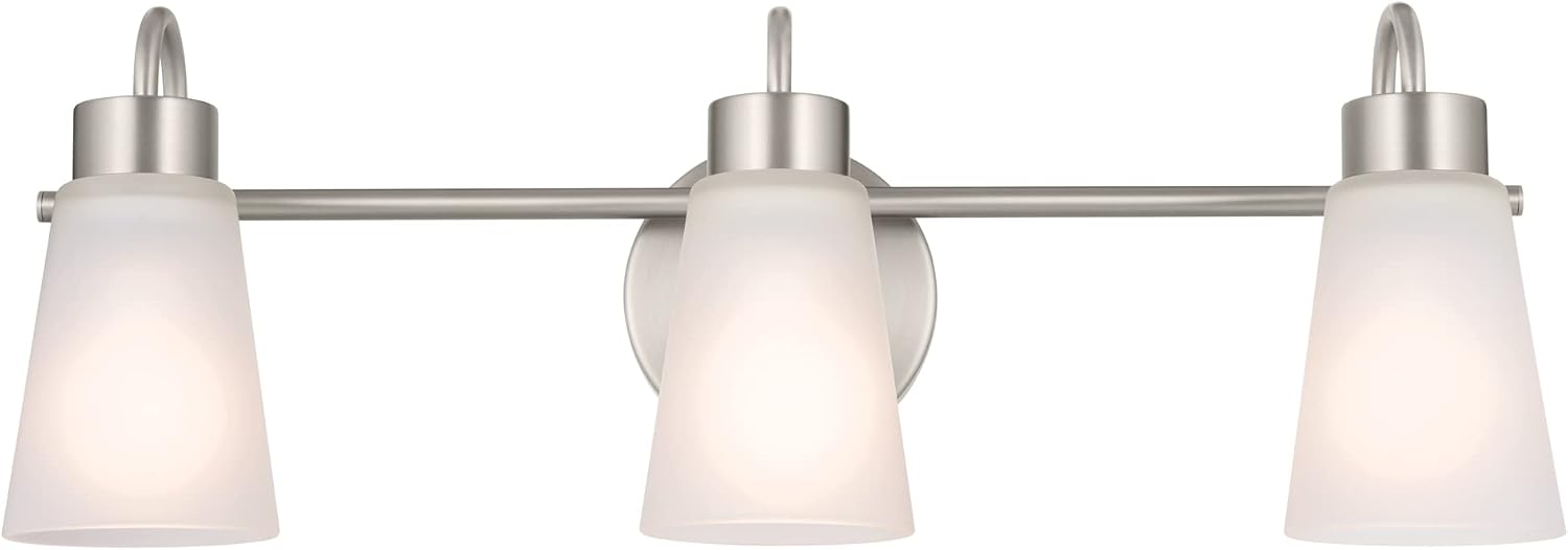 Kichler Erma 3-Light Bathroom Vanity Light Fixture with Satin Etched Glass Shades, Updated Traditional Wall Lighting in Brushed Nickel for Mirror, (23' x 8.5' x 6'), 55126NI