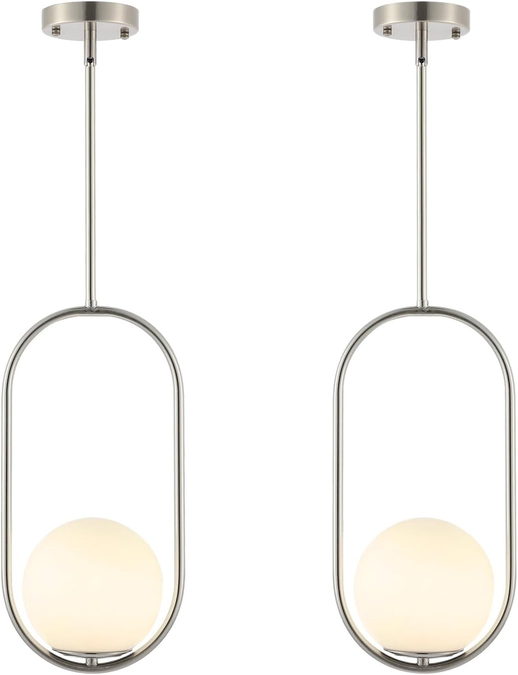 BYOLIIMA Modern Globe Pendant Light Brushed Nickel Chandelier 1-Light Mid Century Ceiling Hanging Lighting Fixture White Globe Glass Shades for Kitchen Island Dining Room Bedroom (2 Pack)