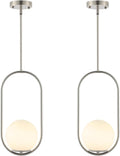 BYOLIIMA Modern Globe Pendant Light Brushed Nickel Chandelier 1-Light Mid Century Ceiling Hanging Lighting Fixture White Globe Glass Shades for Kitchen Island Dining Room Bedroom (2 Pack)